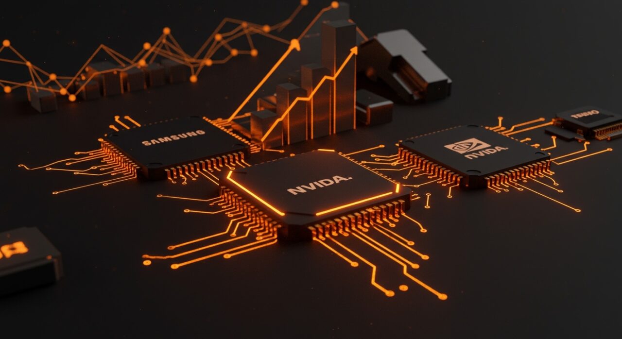 Imagen editorial de chips IA de Samsung, NVIDIA y AMD con visuales abstractos que reflejan la reconfiguración del mercado de inteligencia artificial y memoria HBM4.