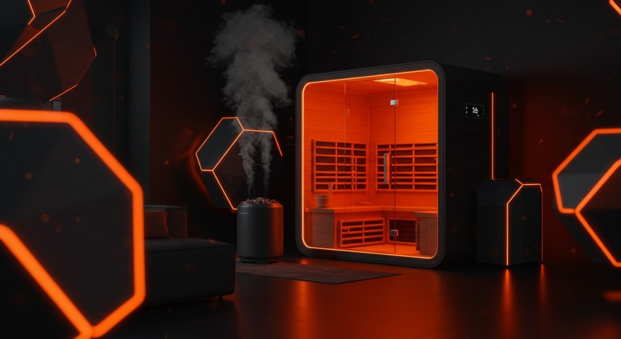 Sauna doméstica plegable de diseño modular y tecnología avanzada en un entorno de lujo tech para el hogar.