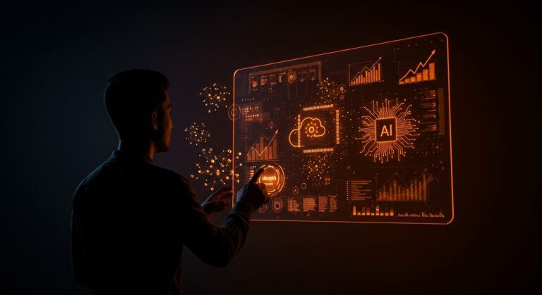 Founder tecnológico frente a interfaz digital futurista con IA, automatización y cloud optimizando recursos para startups.