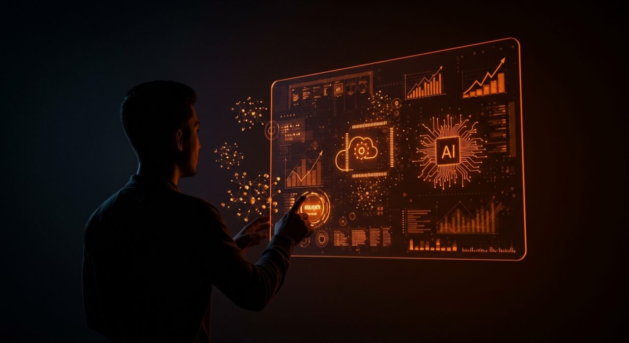 Founder tecnológico frente a interfaz digital futurista con IA, automatización y cloud optimizando recursos para startups.