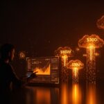 Founder de startup frente a una interfaz futurista de infraestructura cloud y AI, simbolizando eficiencia y optimización con inversión de 130 millones de dólares.