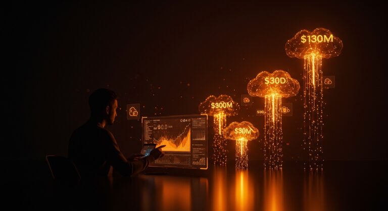 Founder de startup frente a una interfaz futurista de infraestructura cloud y AI, simbolizando eficiencia y optimización con inversión de 130 millones de dólares.