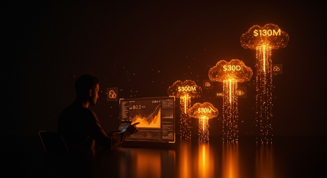 Founder de startup frente a una interfaz futurista de infraestructura cloud y AI, simbolizando eficiencia y optimización con inversión de 130 millones de dólares.