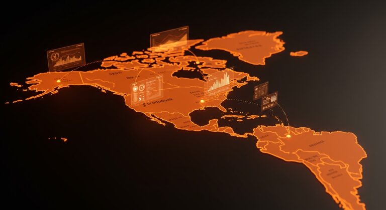 Corredor digital de Scotiabank conectando Norteamérica con APIs y tecnología fintech para banca digital integrada.