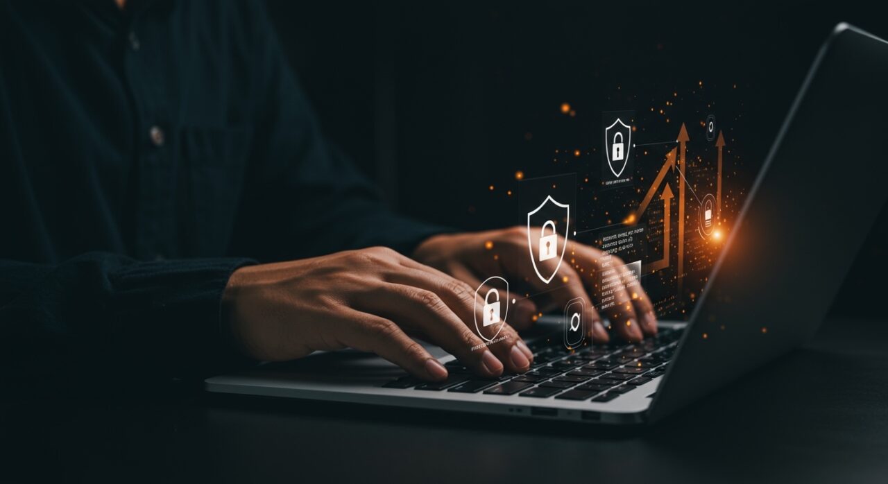 Gestor de secretos CLI scrt para DevOps y developers, representado con teclas de laptop y símbolos de seguridad en un entorno tecnológico moderno.