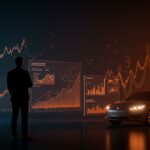 Ejecutivo observando vehículos eléctricos y gráficos financieros digitalizados tras cierre de investigación SEC a Faraday Future.