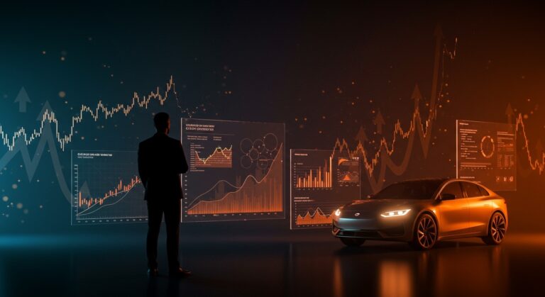 Ejecutivo observando vehículos eléctricos y gráficos financieros digitalizados tras cierre de investigación SEC a Faraday Future.