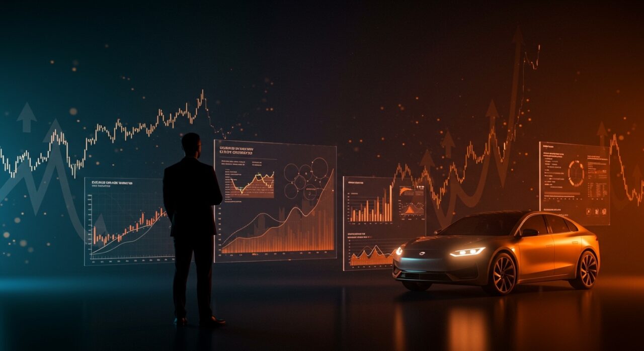 Ejecutivo observando vehículos eléctricos y gráficos financieros digitalizados tras cierre de investigación SEC a Faraday Future.