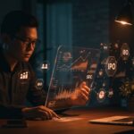 Reporte semestral SEC para startups tech representado con emprendedor analizando datos financieros digitales en ambiente moderno y tonos naranja y negro.