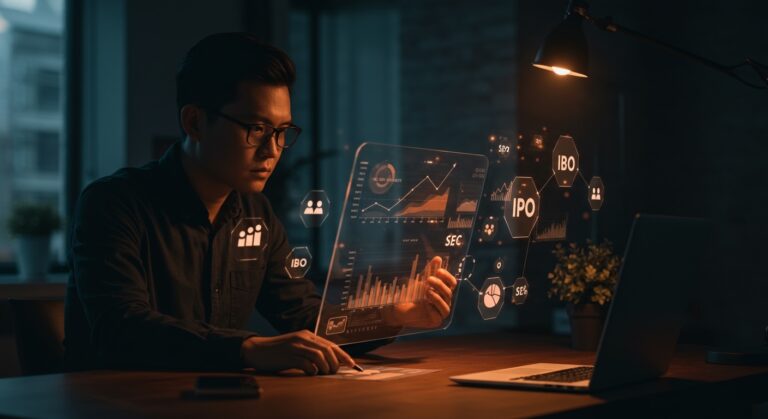 Reporte semestral SEC para startups tech representado con emprendedor analizando datos financieros digitales en ambiente moderno y tonos naranja y negro.