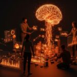 Fundadores de startups colaborando con gráficos holográficos que representan rondas de seed funding más grandes y competitivas en 2026 enfocadas en inversión en IA.