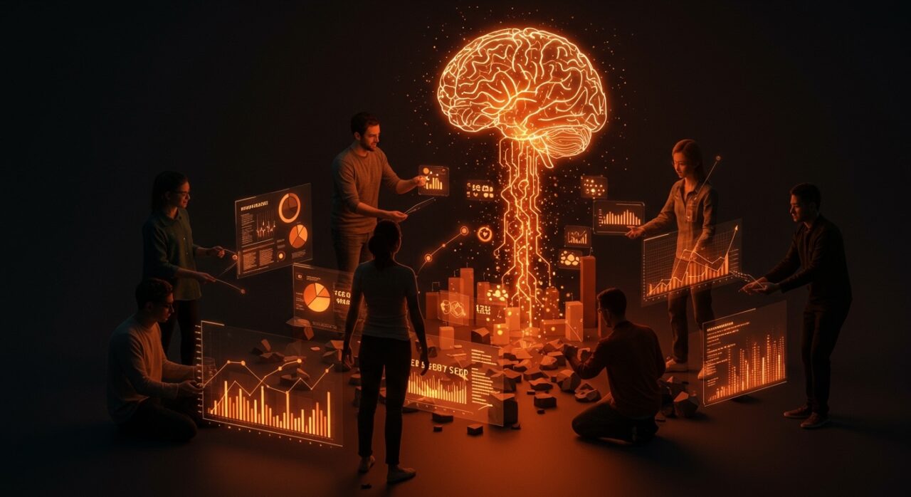 Fundadores de startups colaborando con gráficos holográficos que representan rondas de seed funding más grandes y competitivas en 2026 enfocadas en inversión en IA.