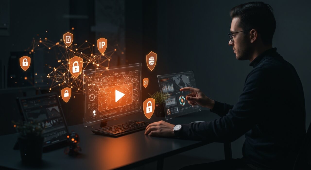 Interfaz avanzada de video AI con protección de propiedad intelectual mediante watermarking, destacando innovación tecnológica en startups IA.