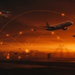 Imagen conceptual sobre seguridad aérea y drones mostrando un avión comercial y múltiples drones en rutas aéreas digitales resaltadas en naranja y negro, ilustrando riesgos y oportunidades en movilidad y aviación comercial.