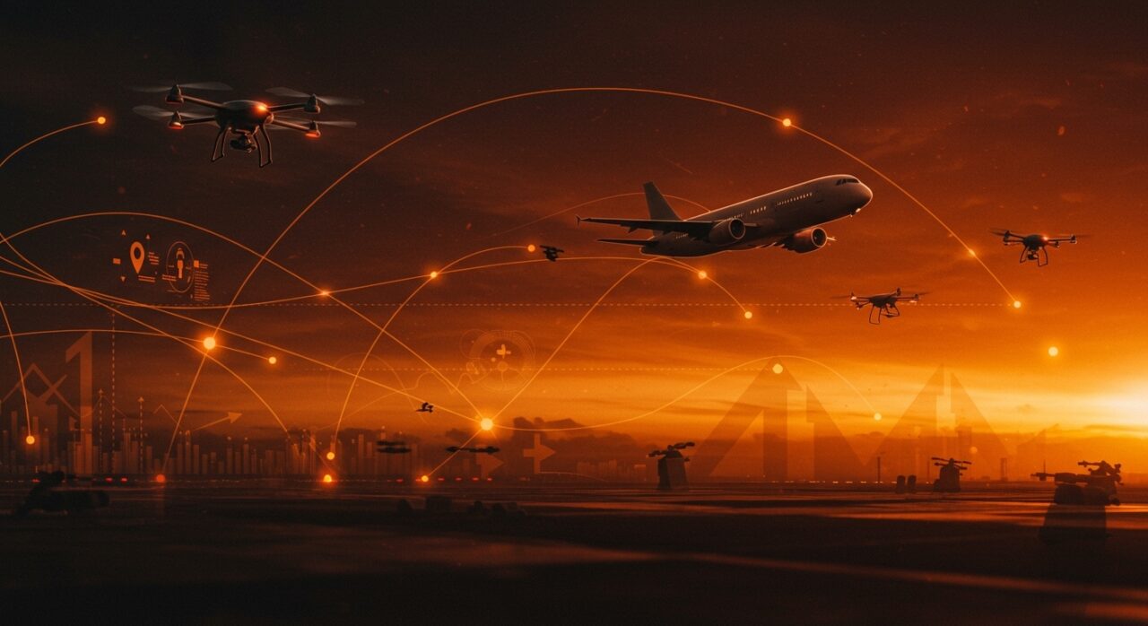 Imagen conceptual sobre seguridad aérea y drones mostrando un avión comercial y múltiples drones en rutas aéreas digitales resaltadas en naranja y negro, ilustrando riesgos y oportunidades en movilidad y aviación comercial.