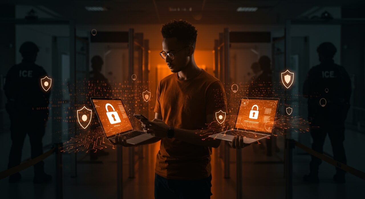 Seguridad digital para tech founders en aeropuertos de EE. UU. frente a inspecciones de ICE, protegiendo dispositivos y privacidad.