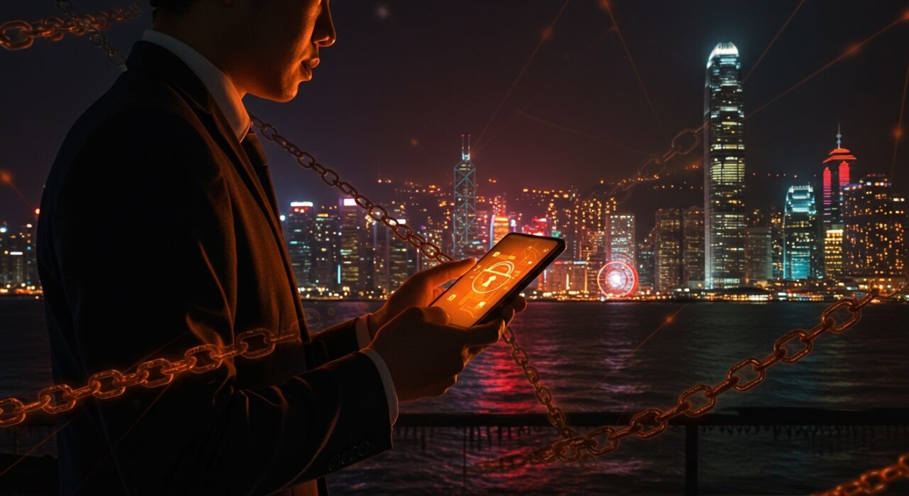 Founder tecnológico en Hong Kong enfrentando desafíos de seguridad nacional y privacidad digital bajo la ley de contraseñas y regulación tech.