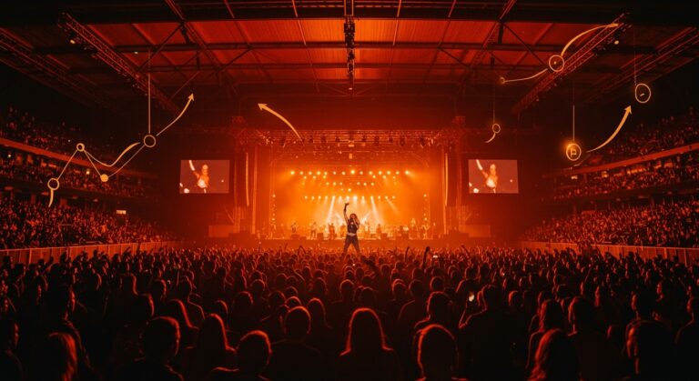 Concierto en estadio temporal de Shakira en Madrid destacando tendencias en la industria musical y eventos masivos.