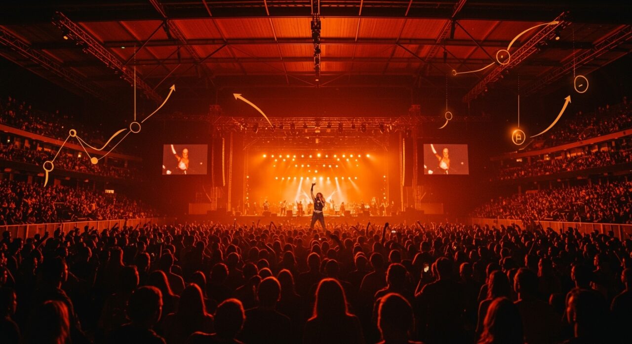 Concierto en estadio temporal de Shakira en Madrid destacando tendencias en la industria musical y eventos masivos.