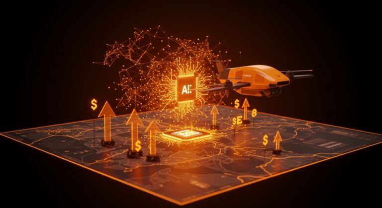 Drone autónomo con IA avanzada sobre mapa digital representando Shield AI, Hivemind y la inversión en tecnología militar y deeptech.
