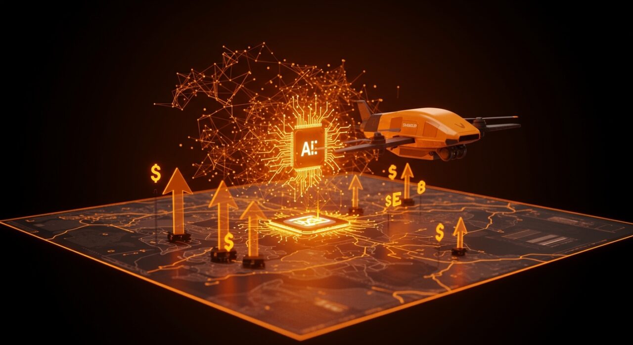 Drone autónomo con IA avanzada sobre mapa digital representando Shield AI, Hivemind y la inversión en tecnología militar y deeptech.