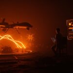 Drone militar avanzado y fundador tecnológico supervisando expansión en inteligencia artificial y financiamiento startup.