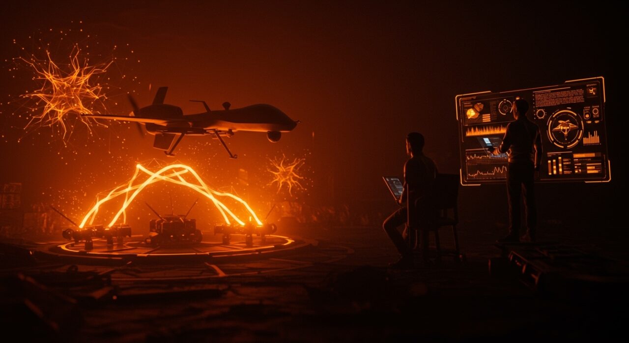 Drone militar avanzado y fundador tecnológico supervisando expansión en inteligencia artificial y financiamiento startup.