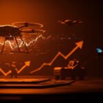 Drone autónomo de Shield AI en vuelo sobre base militar futurista, ilustrando innovación en IA y funding en tecnología de defensa.