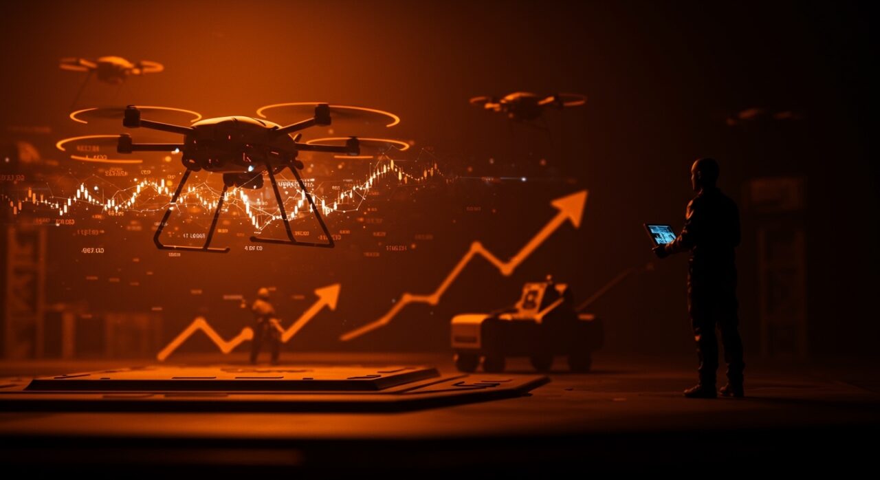 Drone autónomo de Shield AI en vuelo sobre base militar futurista, ilustrando innovación en IA y funding en tecnología de defensa.