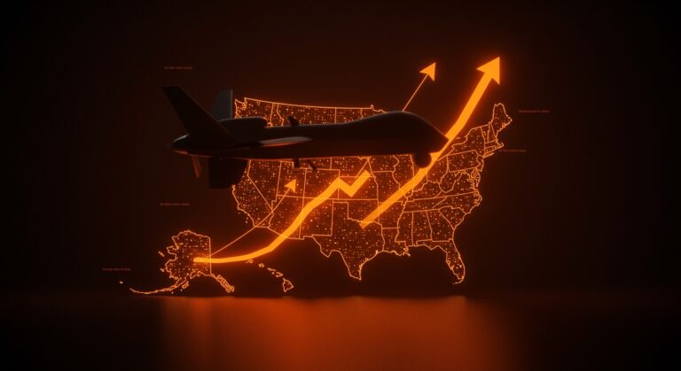 Drone militar futurista y mapa digital representando el aumento de valoración de Shield AI tras acuerdo con U.S. Air Force en tecnología de defensa.