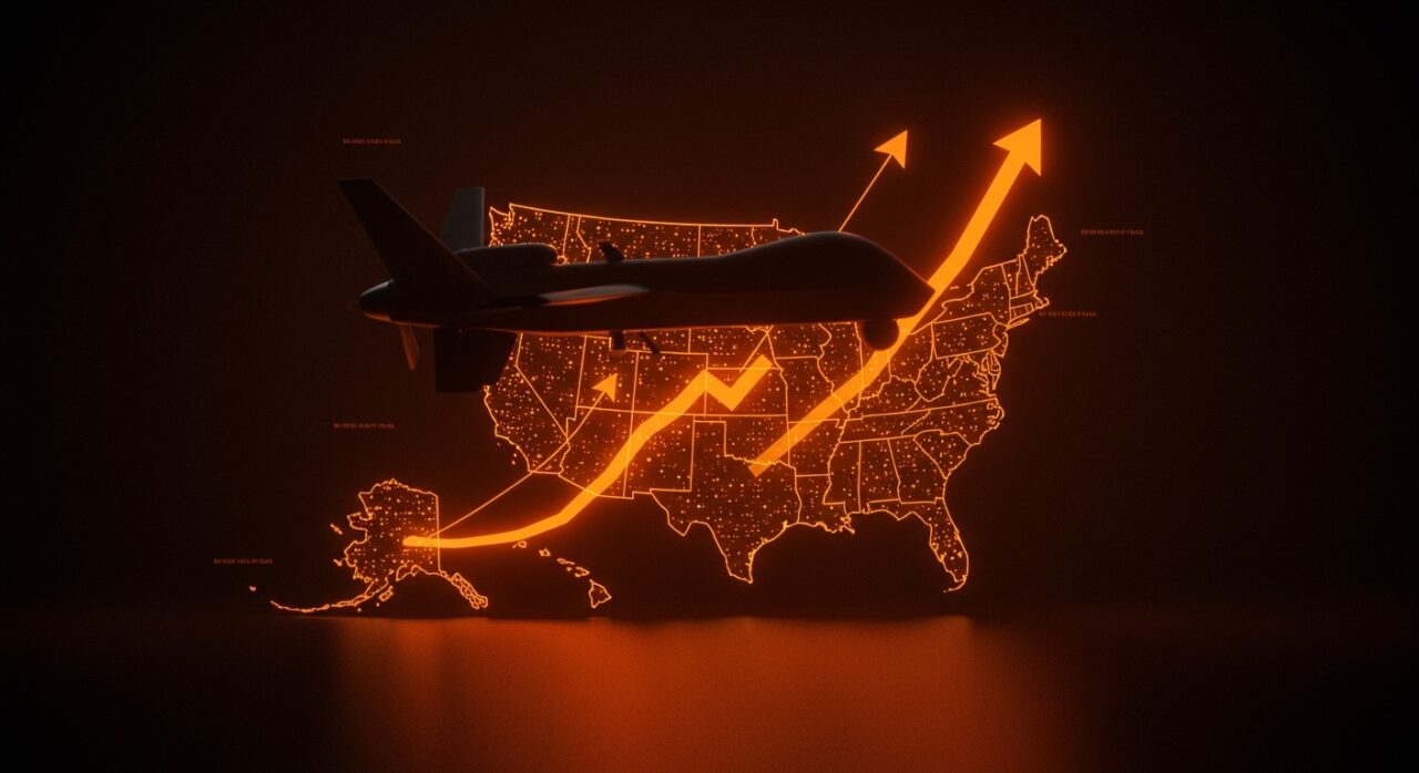 Drone militar futurista y mapa digital representando el aumento de valoración de Shield AI tras acuerdo con U.S. Air Force en tecnología de defensa.
