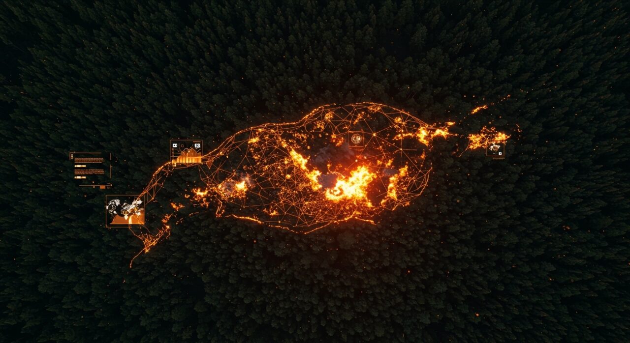 Sistema de inteligencia artificial autónoma monitoreando incendios forestales con datos satelitales y meteorológicos en tiempo real.