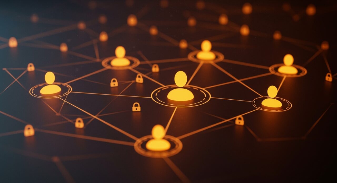 Interfaz digital moderna mostrando mensajería segura y comunidades descentralizadas con criptografía en ecosistema startup.