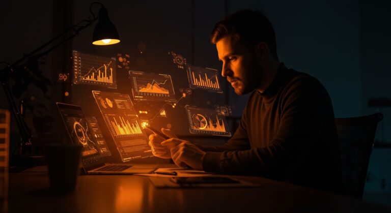 Founder usando simulador de renta 2025 para gestionar fiscalidad 2026 con gráficos digitales y ambiente tecnológico en ecosistema startup.