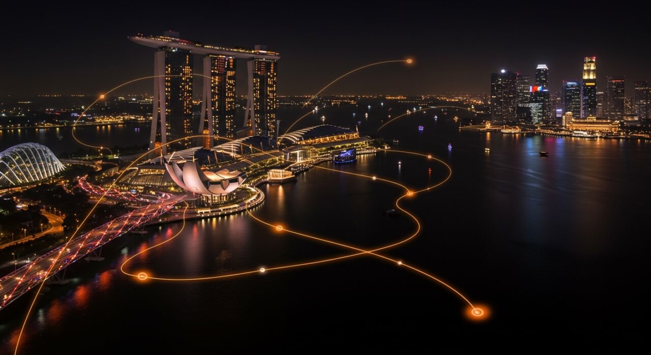 Vista aérea de Singapur resaltando su infraestructura de cables submarinos y su rol como núcleo global de internet e innovación tecnológica.