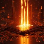 Chip de memoria semiconductor iluminado representando el IPO de SK hynix para mitigar la escasez global de RAM y financiar la industria de semiconductores.