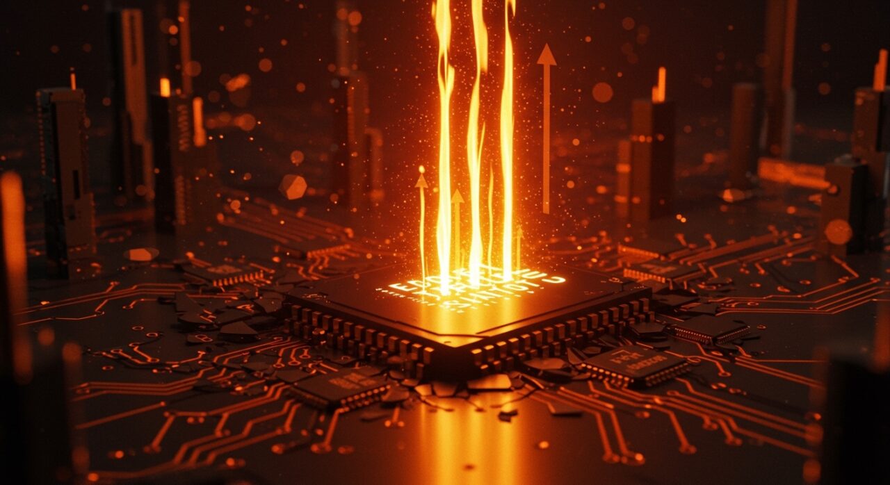 Chip de memoria semiconductor iluminado representando el IPO de SK hynix para mitigar la escasez global de RAM y financiar la industria de semiconductores.