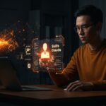 Founder de startup tech interactuando con interfaz holográfica de Skills de Claude para automatización y personalización de inteligencia artificial.