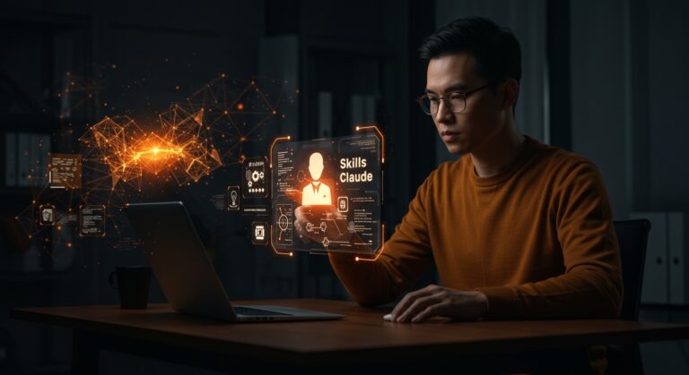 Founder de startup tech interactuando con interfaz holográfica de Skills de Claude para automatización y personalización de inteligencia artificial.