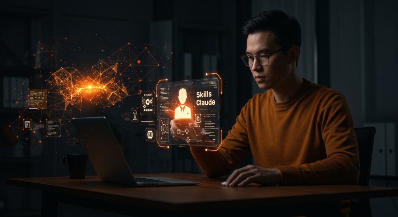 Founder de startup tech interactuando con interfaz holográfica de Skills de Claude para automatización y personalización de inteligencia artificial.