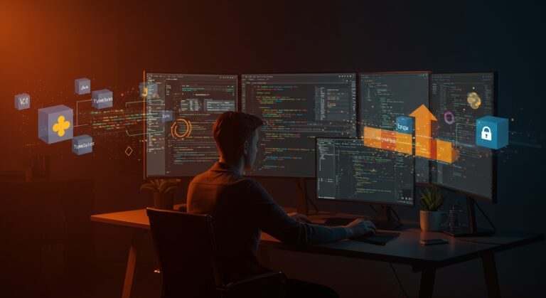 Interfaz de desarrollo con esquemas de datos seguros y multilenguaje, ilustrando Skir como alternativa moderna a Protocol Buffers en evolución de APIs y RPC.
