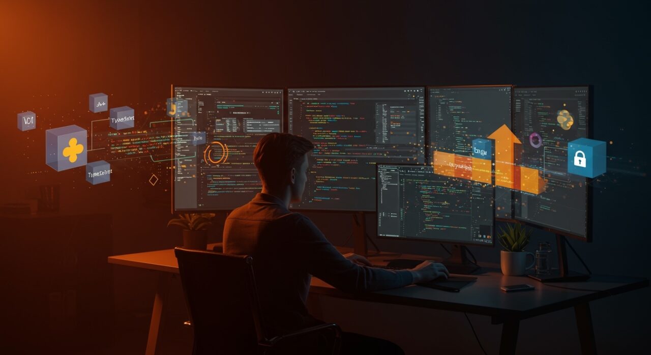 Interfaz de desarrollo con esquemas de datos seguros y multilenguaje, ilustrando Skir como alternativa moderna a Protocol Buffers en evolución de APIs y RPC.