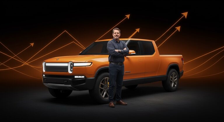 Peter Faricy nuevo CEO de Slate Auto junto a camioneta eléctrica asequible, simbolizando innovación en movilidad eléctrica de startups.