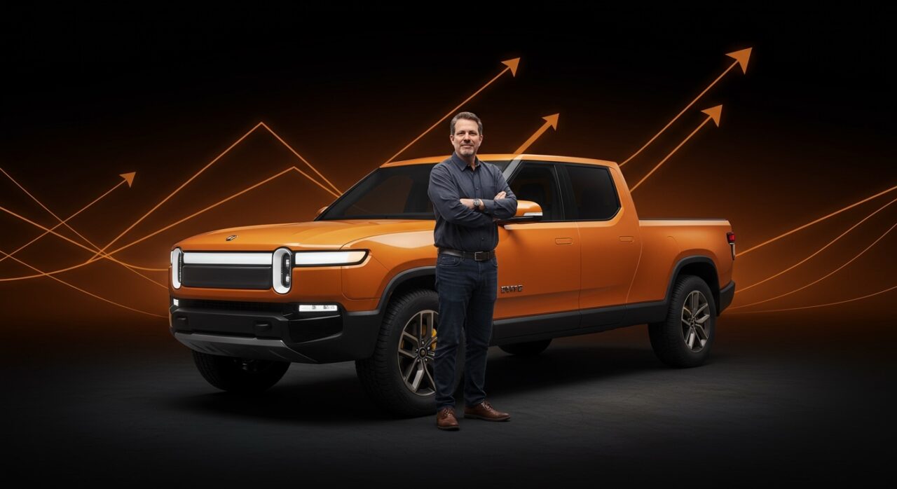 Peter Faricy nuevo CEO de Slate Auto junto a camioneta eléctrica asequible, simbolizando innovación en movilidad eléctrica de startups.