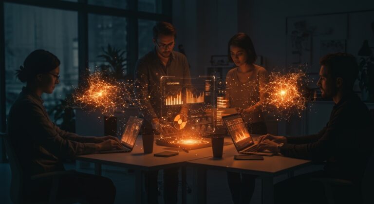 Equipo tecnológico multidisciplinario adaptándose a la disrupción de IA para escalar startups en 2026 con mentalidad emprendedora y networking.