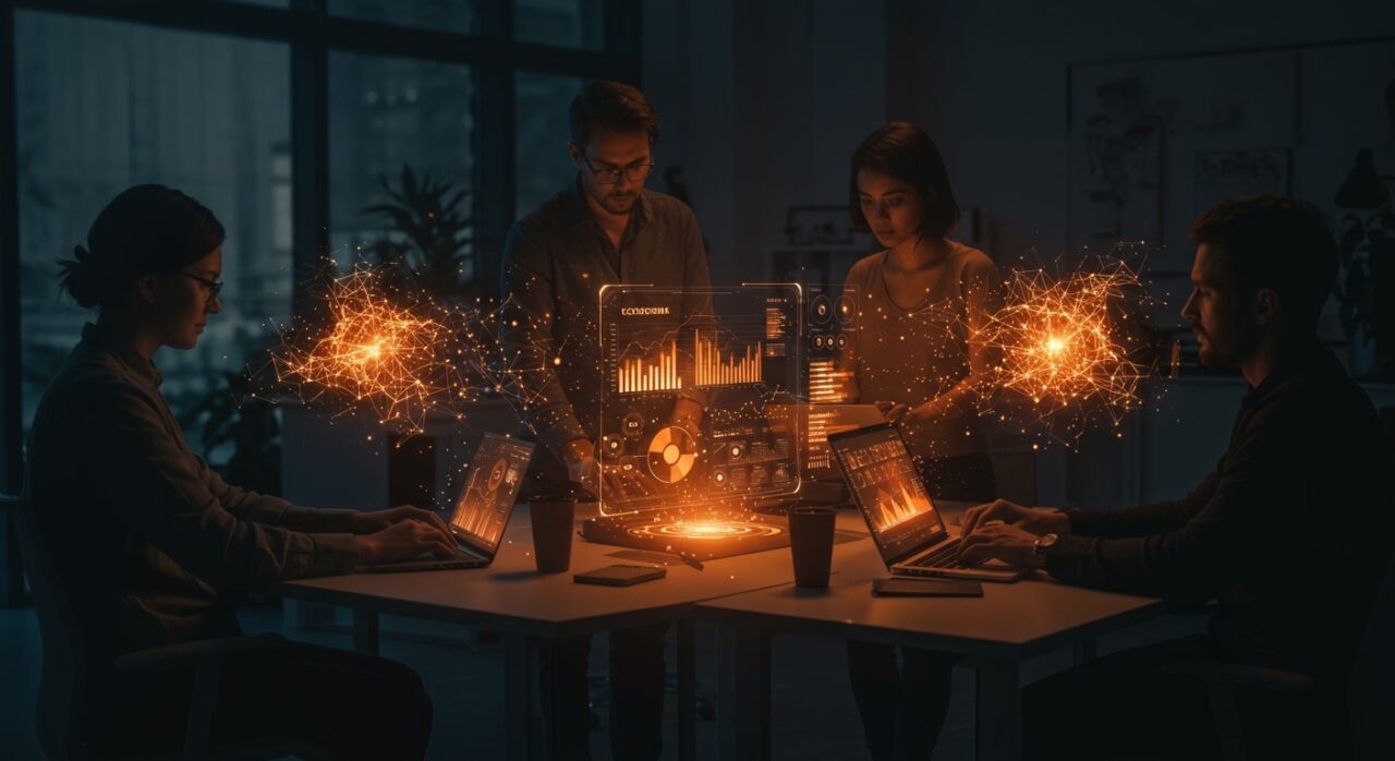 Equipo tecnológico multidisciplinario adaptándose a la disrupción de IA para escalar startups en 2026 con mentalidad emprendedora y networking.