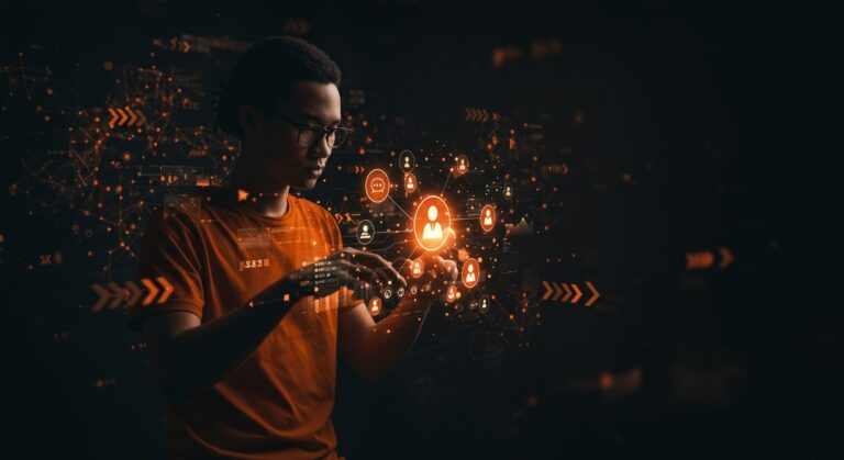 Fundador de startup interactuando con interfaz holográfica de social media, ilustrando automatización, IA y comunicación auténtica en marketing digital.