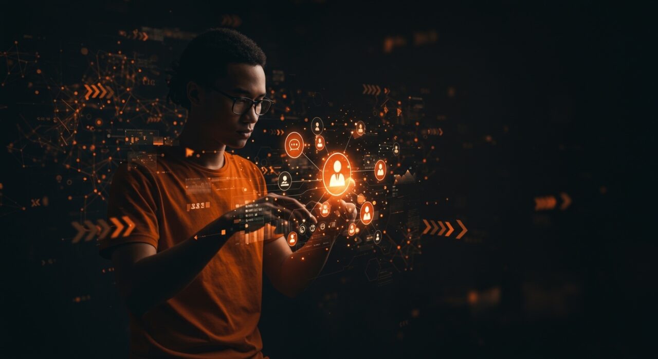 Fundador de startup interactuando con interfaz holográfica de social media, ilustrando automatización, IA y comunicación auténtica en marketing digital.