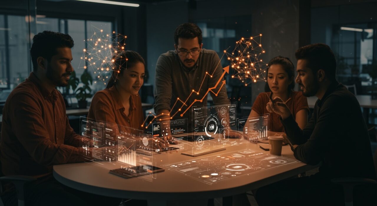 Fundadores latinos usando plataforma no-code impulsada por inteligencia artificial para crear apps empresariales fiables.