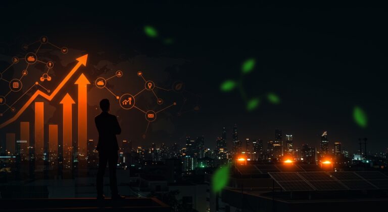 Líder empresarial frente a una ciudad iluminada con paneles solares, simbolizando autoconsumo solar y expansión regional en energía renovable.